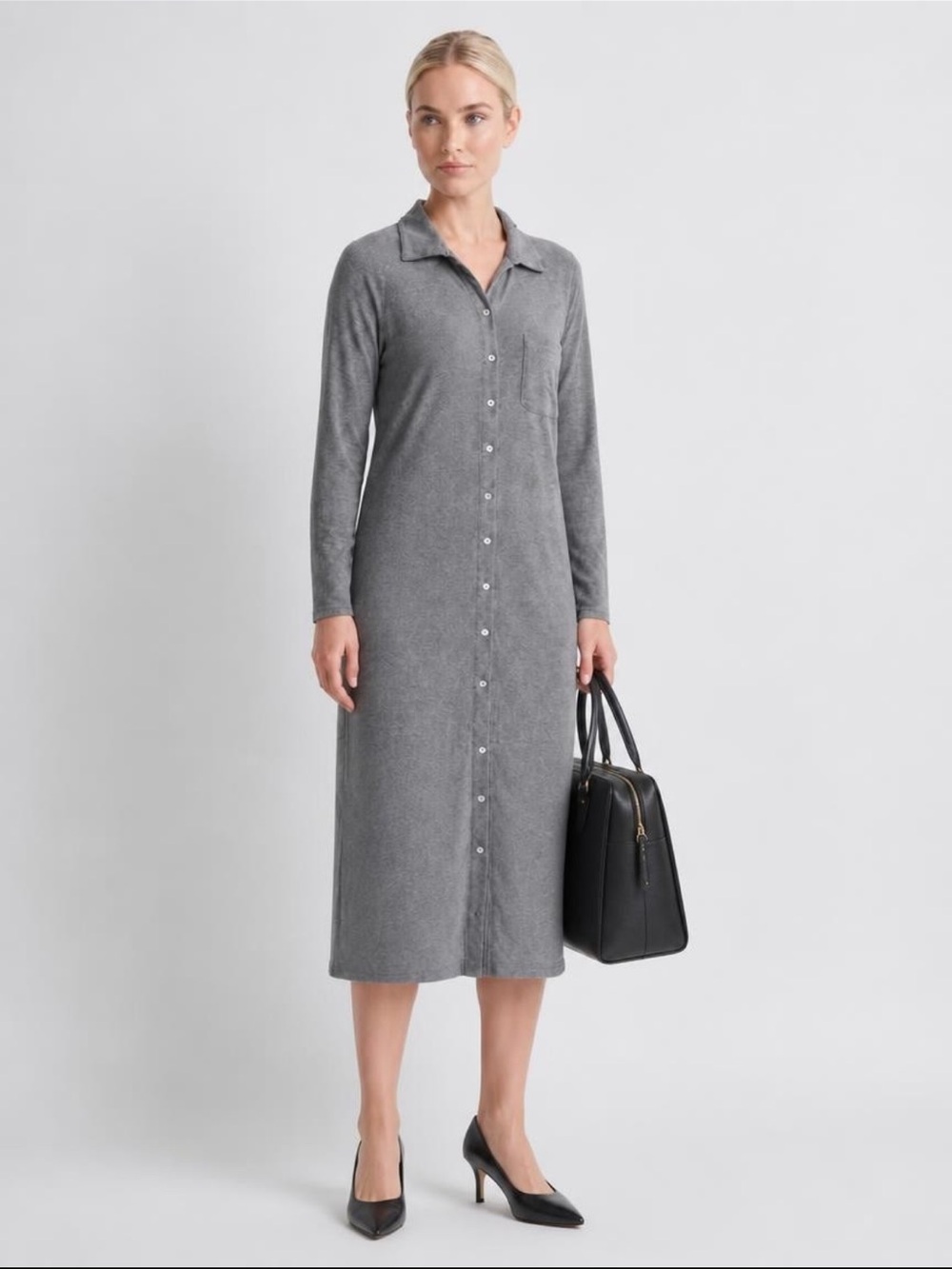 Zara Heather Gray Premium Viscose Knit Button Down Midi Shirt Dress S